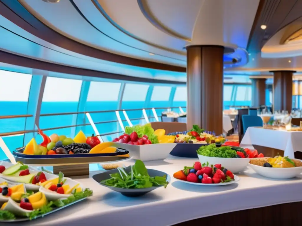Buffet saludable a bordo Consejos nutrición viajeros senior cruceros: Buffet vibrante y saludable a bordo de un crucero con gran variedad de opciones de comida