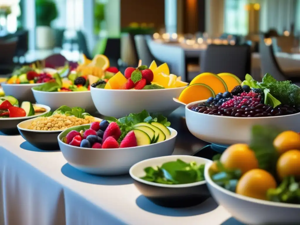 Bufé saludable y colorido en hotel moderno Buffet saludable en hotel: Consejos para mantener la dieta y disfrutar de opciones nutritivas en un ambiente elegante