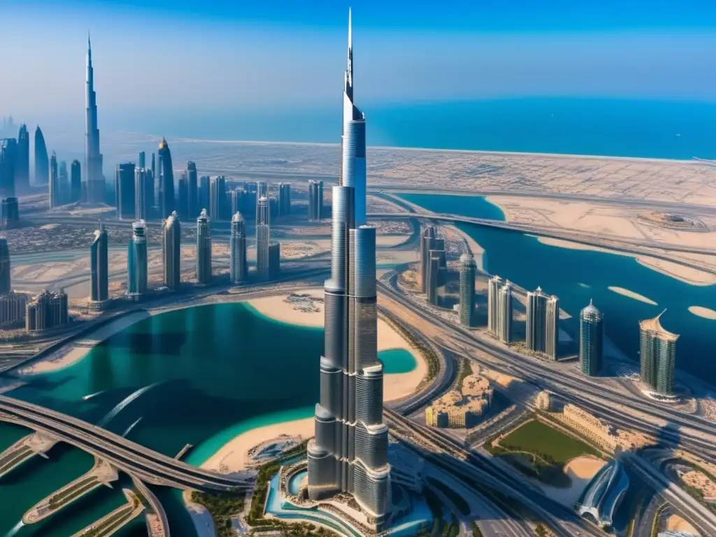 Majestuosa vista aérea del icónico Burj Khalifa en Dubai Experiencias en Dubai para viajeros maduros: Burj Khalifa, icónico rascacielos en el skyline de la ciudad