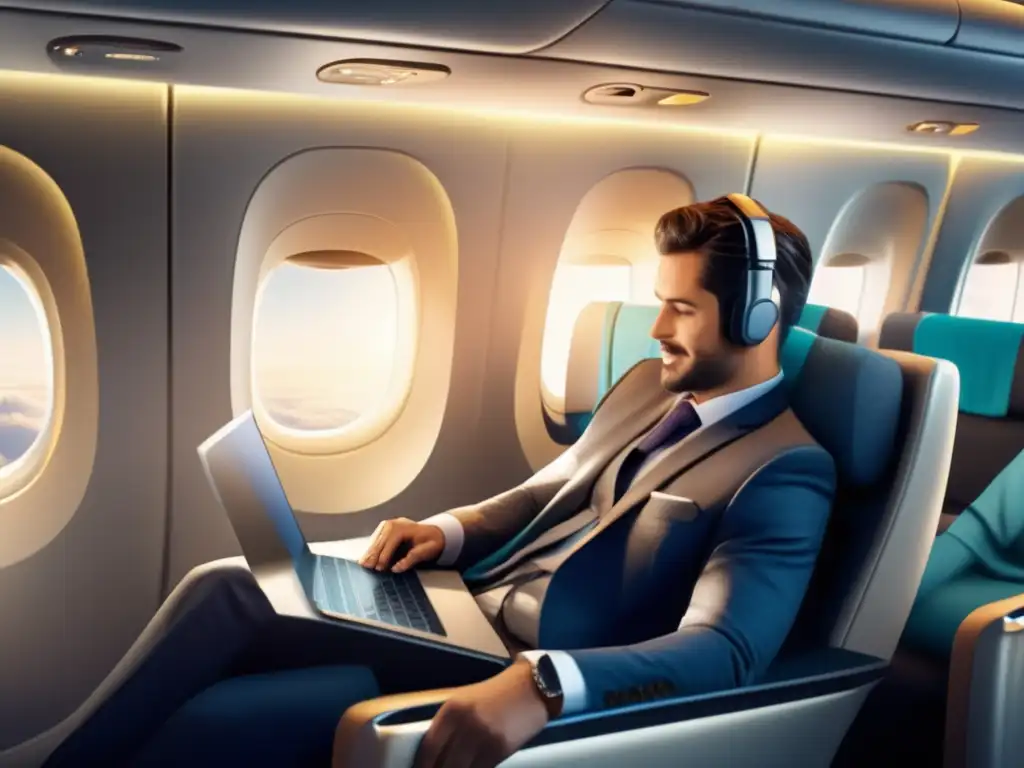Cómoda y espaciosa cabina de avión para vuelos largos Preparación vuelo largo viajes médicos: Cabina de avión serena y espaciosa, con luz natural y cómodos asientos modernos con entretenimiento personal