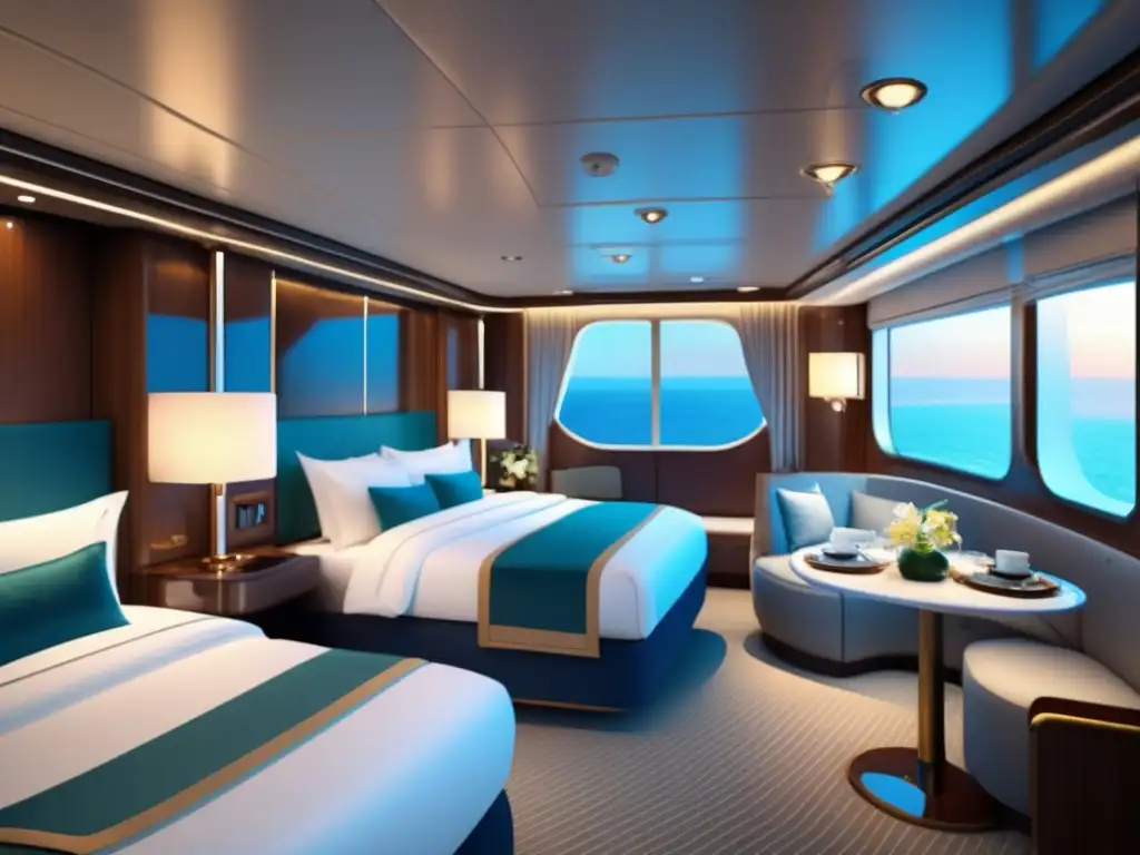 Lujosa cabina de crucero para adultos Cabina ideal para viajeros maduros en un lujoso crucero: amplia, elegante y con vistas al mar