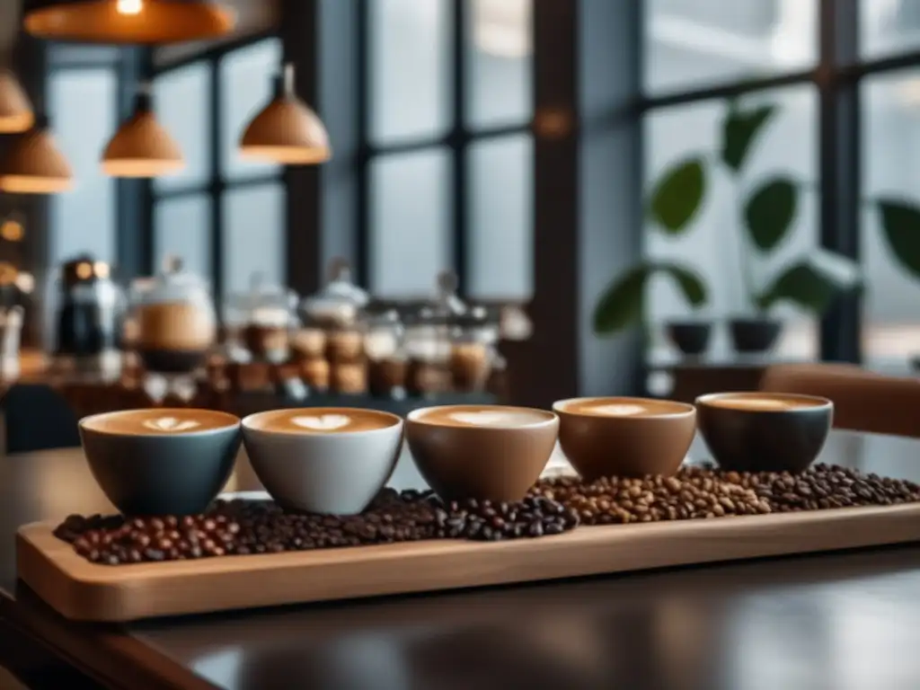 Talleres de cata de café para viajeros senior enriquecedores, mesa con gran variedad de granos y barista experto