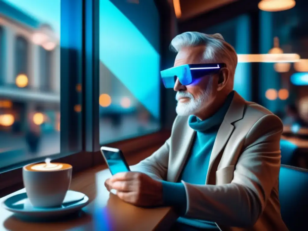 Senior viajero seguro en café moderno Un viajero senior seguro con consejos de privacidad digital