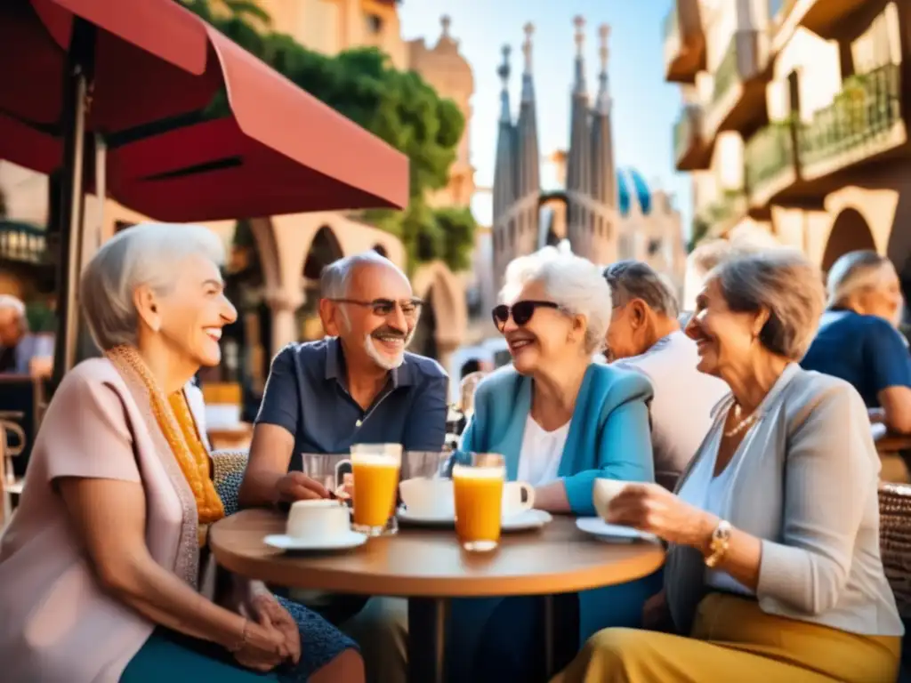Grupo de mayores disfrutando en café de Barcelona Grupo de adultos mayores en animada conversación en un café al aire libre en Barcelona, España