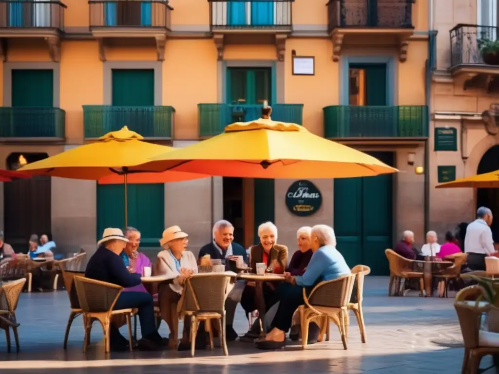 Encantador café en Barcelona An image: Grupo adultos mayores en café Barcelona, con coloridos parasoles, conversando animadamente