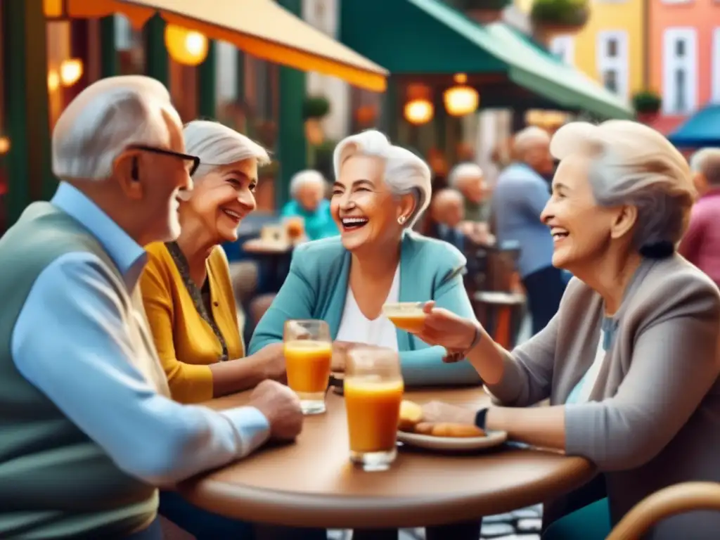Beneficios de viajes lingüísticos para adultos mayores en una animada y diversa reunión en un café europeo