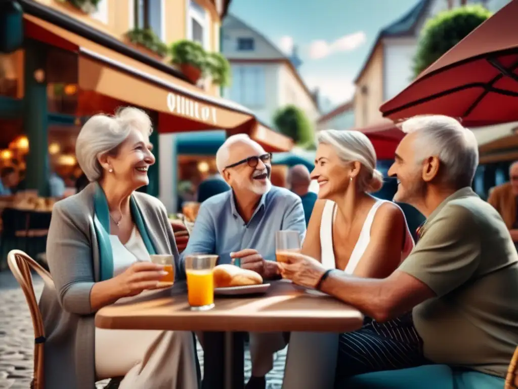 Grupo de adultos mayores disfrutando en café al aire libre Viajes lingüísticos para adultos mayores en un vibrante café al aire libre en una ciudad europea