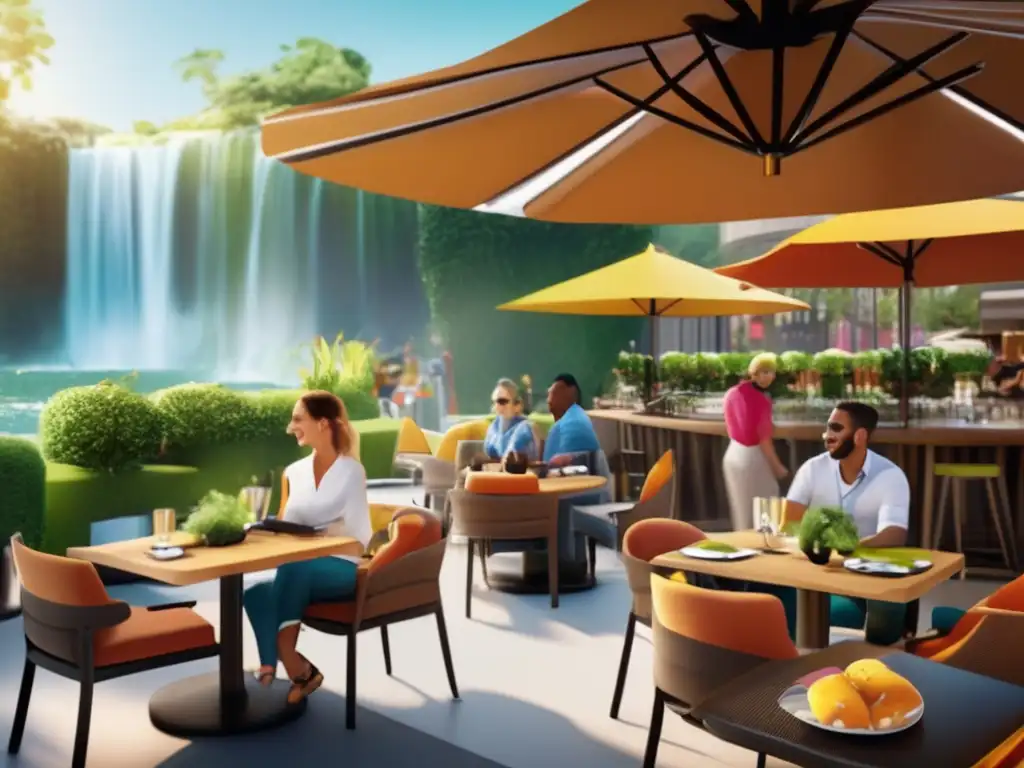 Terraza de café al aire libre con comida saludable Consejos saludables para viajeros maduros - Escena de un soleado café al aire libre con un hermoso patio y personal amable
