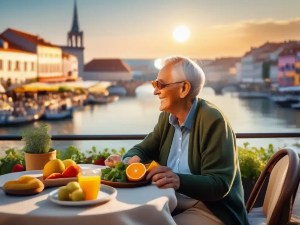 Café europeo con comida saludable Alimentación segura para viajeros mayores disfrutando de comida saludable y una hermosa ciudad europea