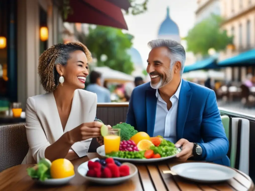 Viajero maduro disfrutando de una comida saludable en una terraza Alimentos saludables para viajeros maduros en café con vista a la ciudad