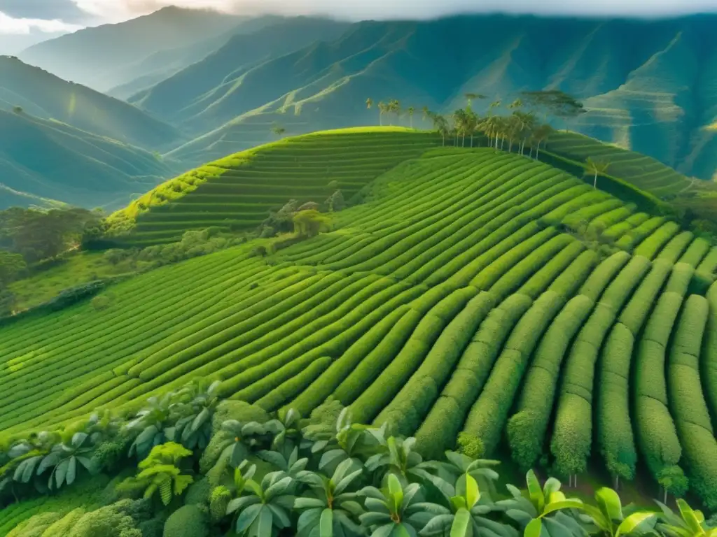 Plantación de café en Colombia Turismo cafetero en Colombia: plantación de café verde con trabajadores locales en la recolección de frutos