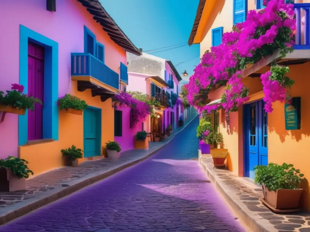 Sereno y colorido paisaje urbano en destino desconocido Destinos emergentes para viajeros senior: Escena idílica en una calle empedrada, casas coloridas, mercado local y montañas de fondo