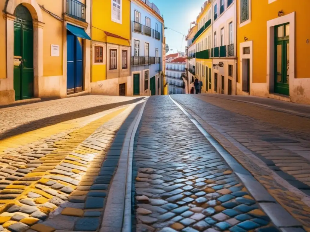 Encantadora calle empedrada en Lisboa Experiencias enriquecedoras en Lisboa para viajeros maduros en una pintoresca calle empedrada, bañada por la cálida luz del sol