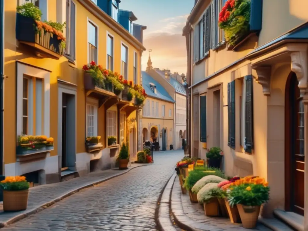 Encantadora calle empedrada en Europa con arquitectura y flores Calle empedrada encantadora en Europa con arquitectura antigua, flores y viajeros seniors disfrutando su aventura