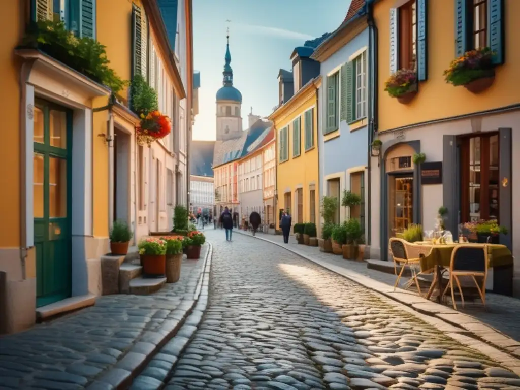 Encantadora calle empedrada con arquitectura histórica y viajeros Ruta histórica para adultos en encantador pueblo europeo: calles empedradas, edificios coloridos y viajeros seniors