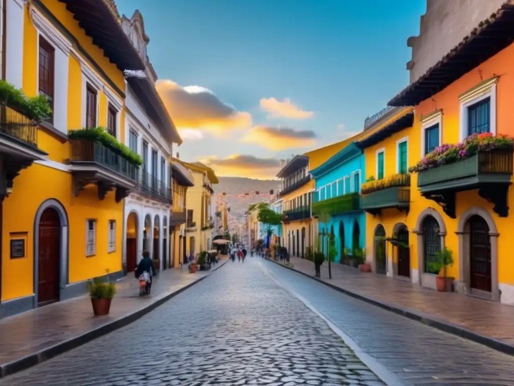 Encantadora calle empedrada en Ciudad A, con edificios coloridos y centenarios