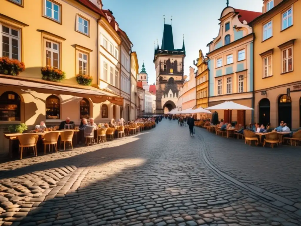 Encantadora calle adoquinada en Praga Calle empedrada serena en Praga, con edificios coloridos, cafés y viajeros maduros disfrutando de la tranquilidad