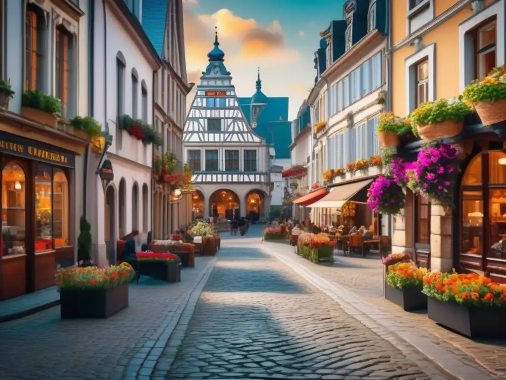 Encantadora calle europea con arquitectura histórica Destinos culturales para viajeros maduros: Calle europea elegante con arquitectura histórica, cafés vibrantes y flores coloridas