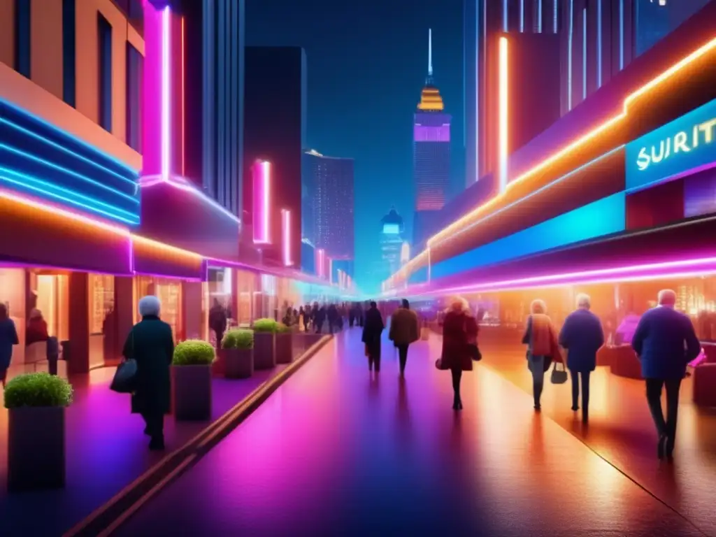Calle nocturna segura y bien iluminada con peatones Guía seguridad transporte público viajeros mayores: ciudad nocturna, calles iluminadas, personas mayores caminando