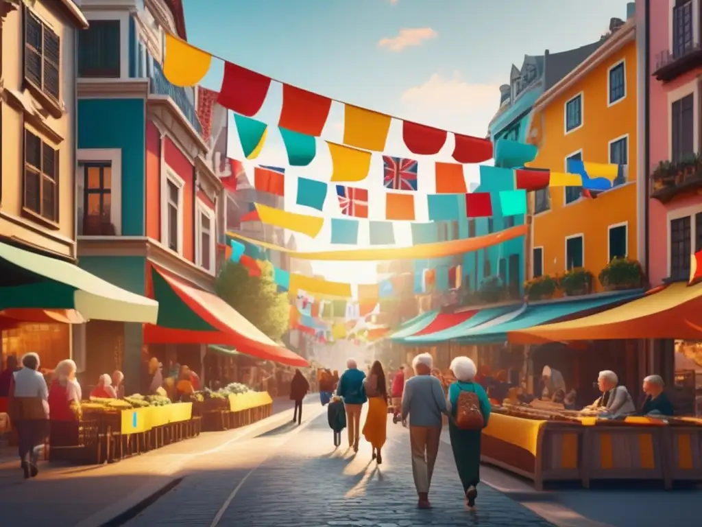Calle vibrante llena de historia y cultura Rutas de viaje ancestral para adultos mayores en una ciudad vibrante con arquitectura histórica y banderas coloridas