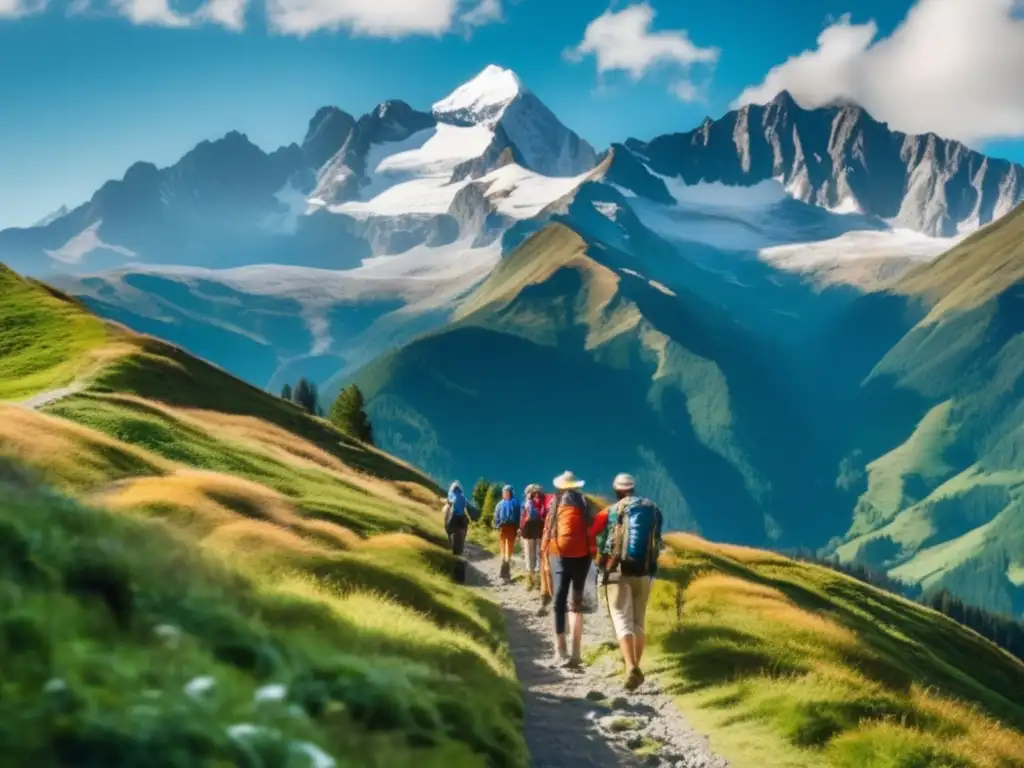 Paisaje de montaña con senderismo y rutinas de ejercicio para viajeros maduros