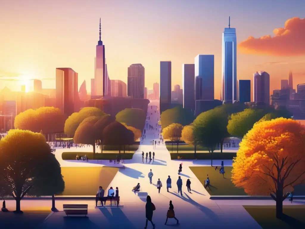 Tranquilidad urbana para artríticos Ciudad moderna al atardecer, paseos tranquilos con artritis