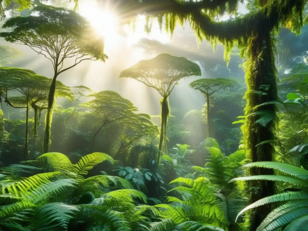 Ecosistema mágico en la selva The image depicts a breathtaking view of a lush rainforest canopy, bathed in golden sunlight