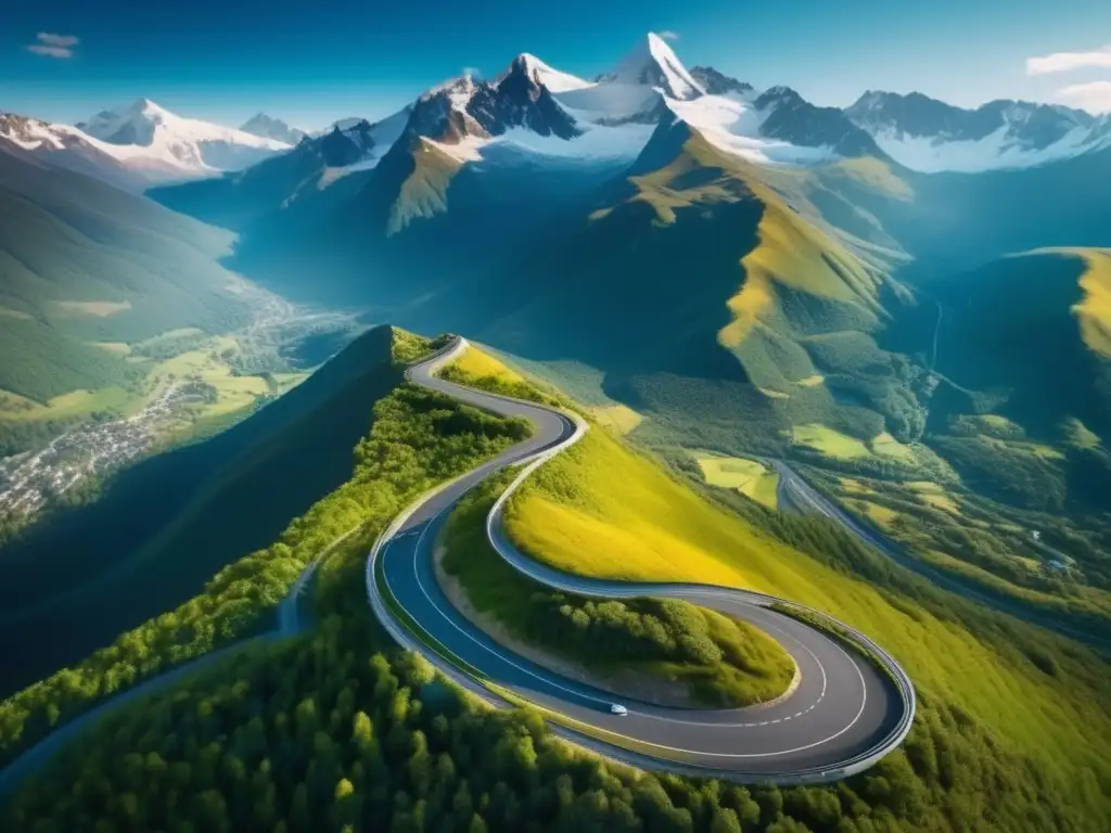 Camino de montaña nevada, superando obstáculos Impresionante vista aérea de una carretera montañosa que conduce a una cumbre nevada, simbolizando la vida y superación personal
