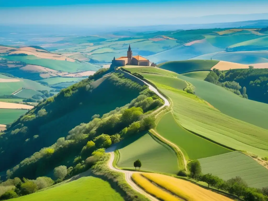 Vista aérea impresionante del Camino de Santiago, España Paisaje del Camino de Santiago: Retos peregrinaciones seniors