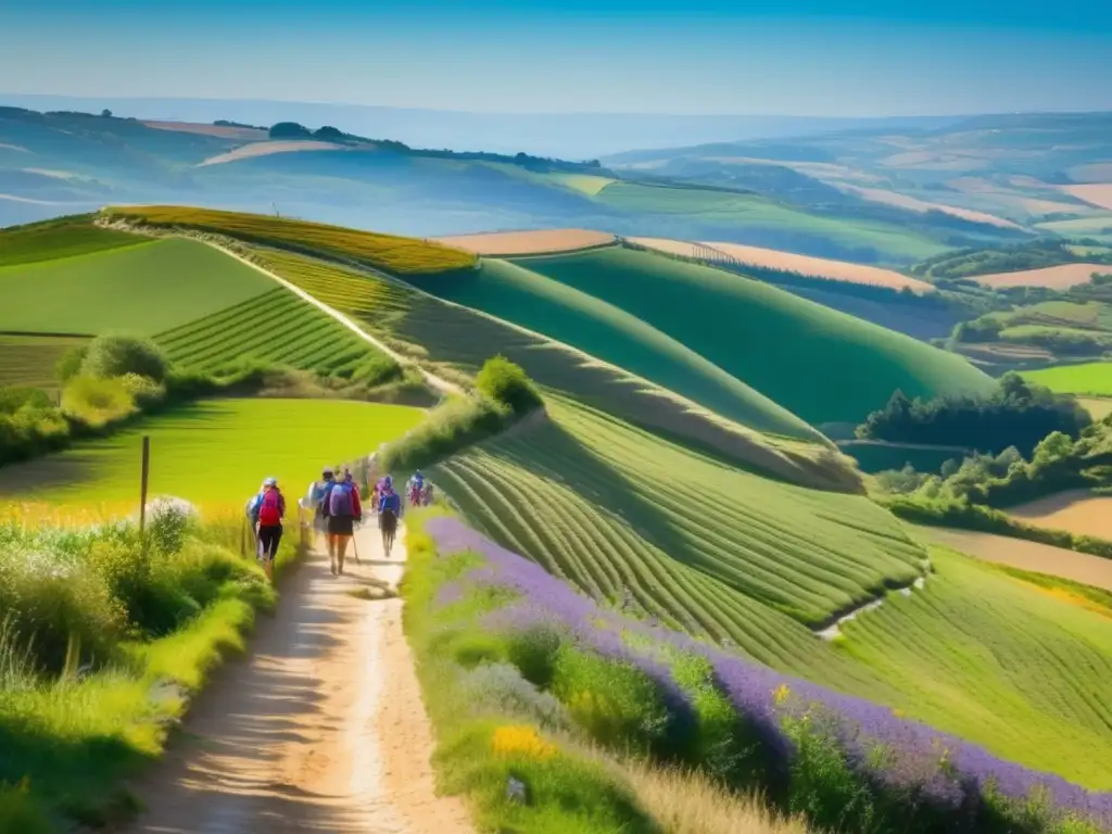 Camino de Santiago: Paisaje verde con peregrinos Peregrinaciones seguras y enriquecedoras para seniors