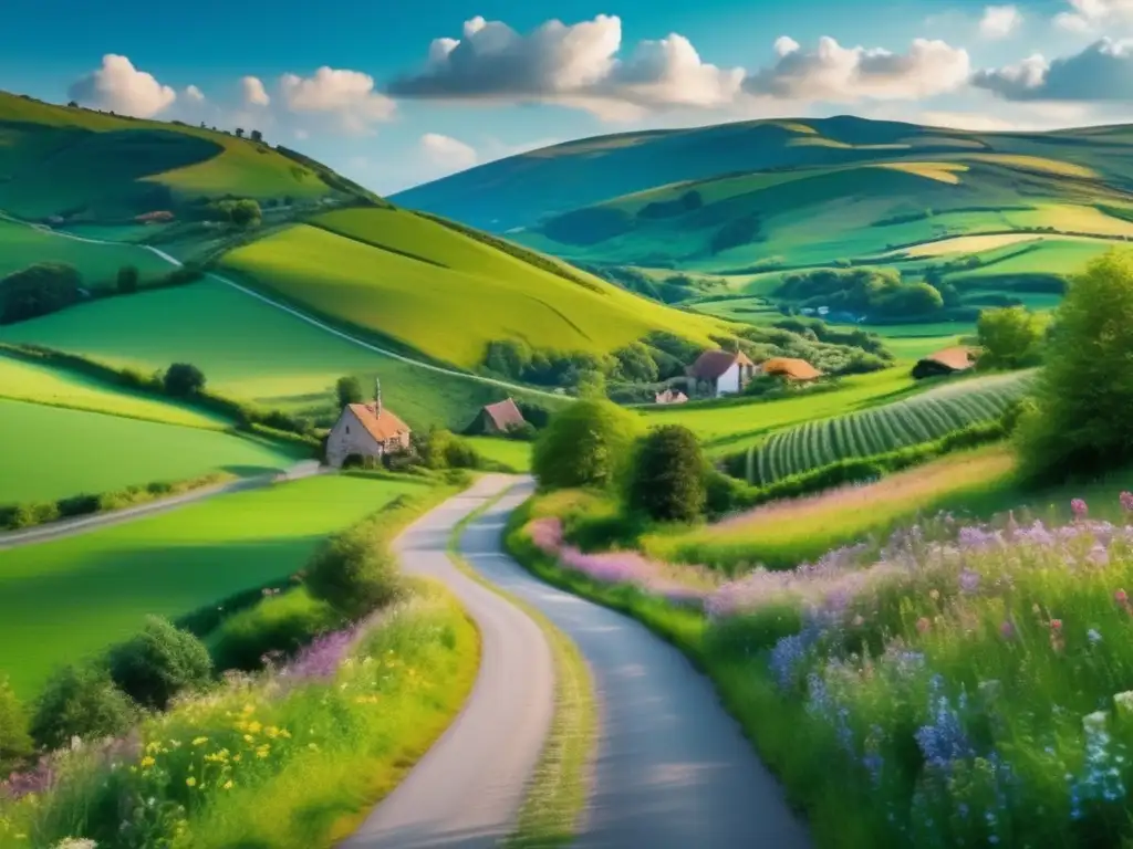 Camino rural rodeado de flores y paisaje verde Un camino pintoresco sin gluten en un paisaje verde con flores silvestres y un encantador pueblo