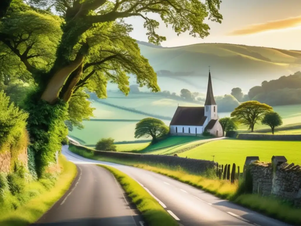 Un camino rural hacia un pueblo pintoresco y verde Camino pintoresco en paisaje verde con árboles, aldea histórica y turismo genealógico en destinos ancestrales
