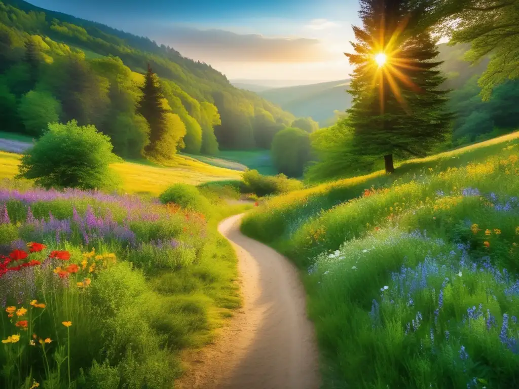 Aventura rural en la naturaleza Destinos rurales para aventureros maduros: sendero sereno entre flores coloridas, bosque frondoso, montañas majestuosas y río cristalino