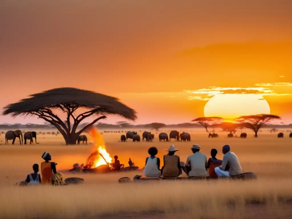 Puesta de sol en la sabana africana con viajeros y campamento Destinos seguros para viajeros maduros en África: un atardecer impresionante sobre las vastas llanuras africanas, rodeado de naturaleza y aventura