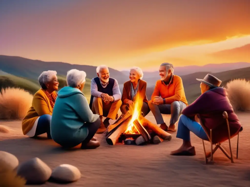 Grupo intergeneracional alrededor de una fogata en paisaje pintoresco Experiencias de viajes enriquecedoras para seniors en un campamento multicultural