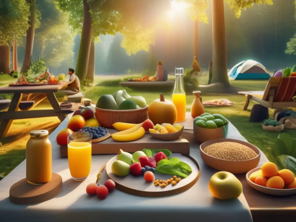 Campamento saludable en el bosque Consejos para dieta balanceada camping: amigos disfrutan de una comida saludable en un campamento rodeado de naturaleza