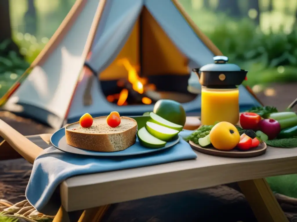 Desayuno saludable en el campamento Consejos dieta balanceada camping: Campamento en bosque con desayuno nutritivo y colorido