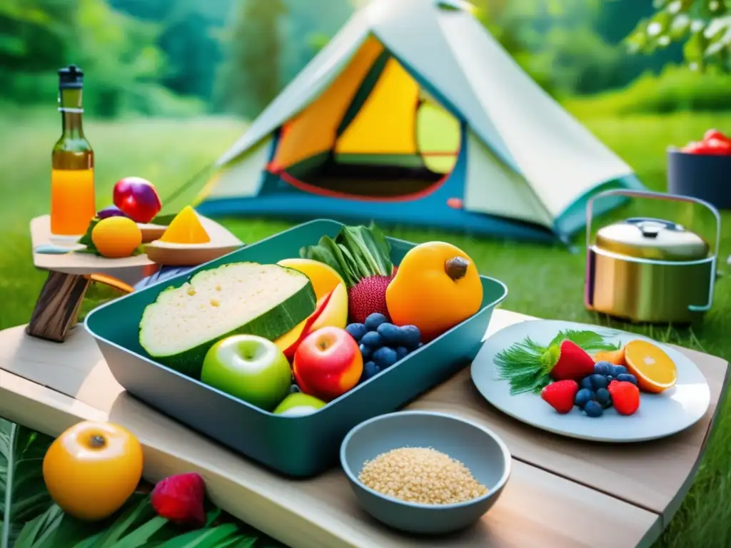 Camping equilibrado y vibrante Consejos para dieta balanceada camping: campamento moderno rodeado de naturaleza, mesa de picnic con frutas y verduras, equipo de camping moderno