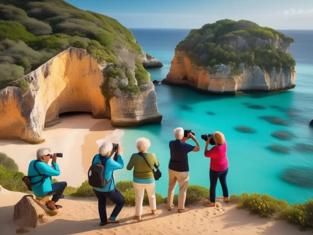 Grupo de viajeros mayores disfrutando de talleres de fotografía Talleres fotografía para viajeros senior en paisaje costero vibrante con camaradería, aprendizaje y pasión