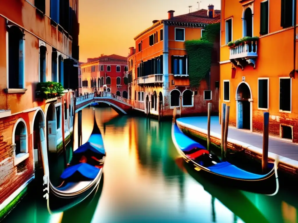 Experiencias en Venecia para viajeros maduros: Canal sereno al atardecer, edificios antiguos y góndolas en el agua