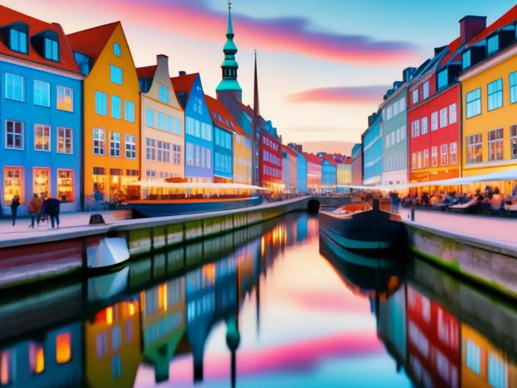 Aventuras tranquilas para turistas maduros en Copenhague: Serena escena en un canal de la ciudad con edificios históricos coloridos y agua reflejando
