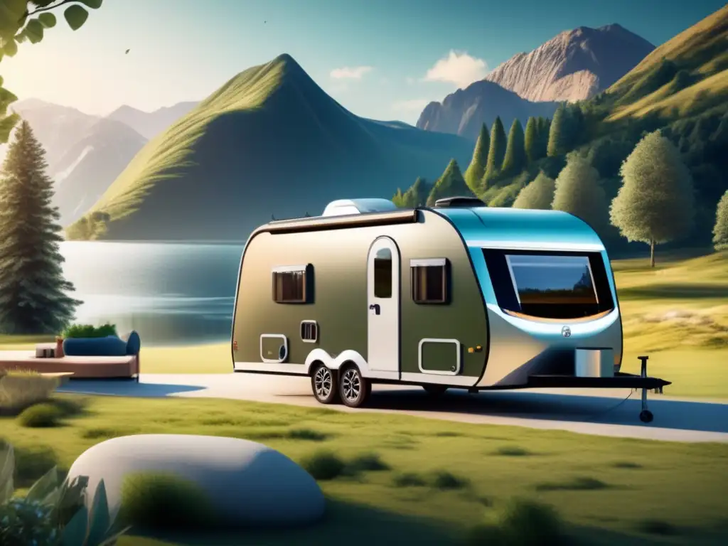 Un viaje en caravana entre montañas y naturaleza Imagen de caravana moderna en entorno natural, ideal para planificación de comidas saludables en viaje