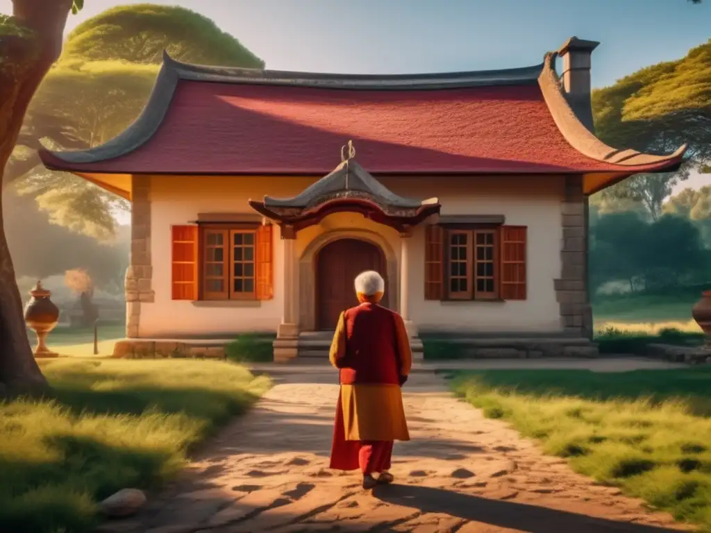 Anciano frente a ancestral hogar Persona mayor en casa ancestral con historia y naturaleza - Rutas de viaje históricas para seniors