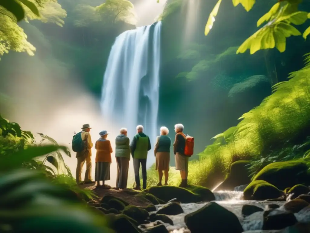 Grupo de ancianos disfrutando de una cascada impresionante en el bosque Grupo de adultos mayores maravillados por la belleza de una cascada, fomentando los beneficios del ecoturismo
