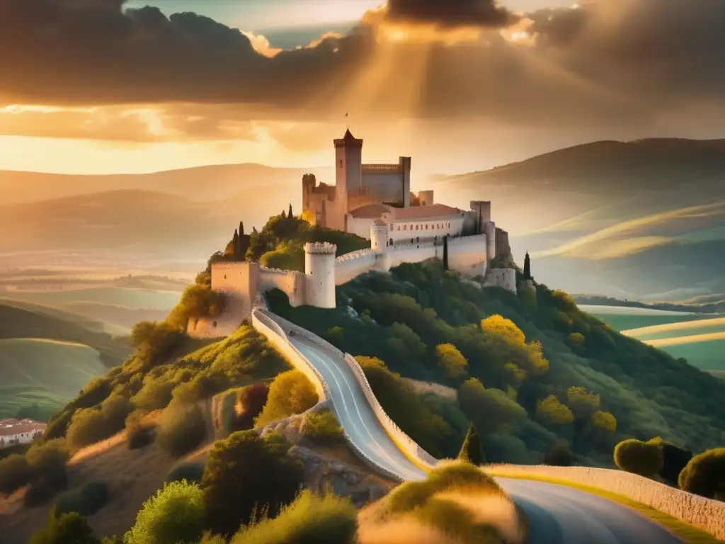 Castillo medieval en colina de España Un majestuoso castillo medieval en España, rodeado de exuberante vegetación