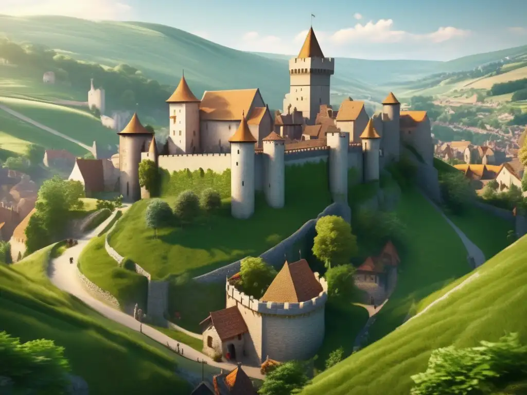 Castillo medieval en colina verde con pueblo pintoresco - Destinos históricos Europa Edad Media