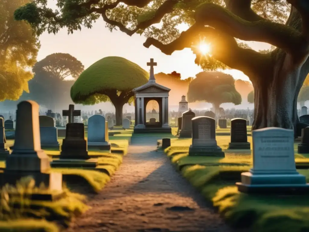 Sereno paisaje de un cementerio al atardecer Investigación genealógica en cementerios: Paisaje sereno de un cementerio bañado en la suave luz dorada, con lápidas antiguas y árboles imponentes