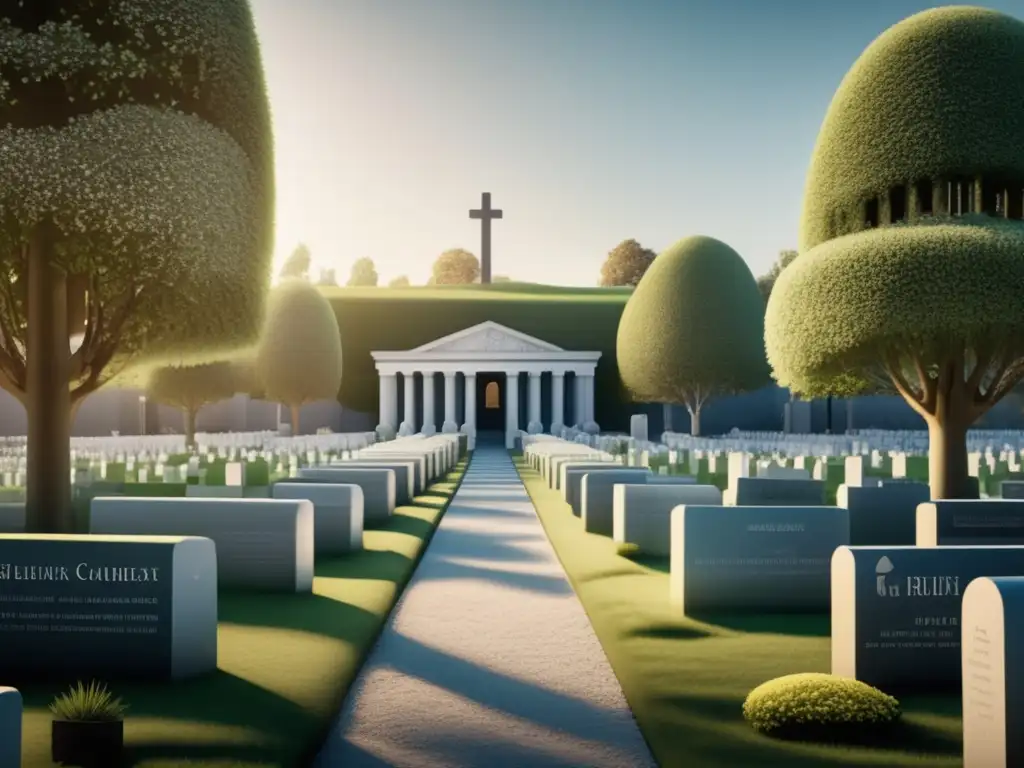 Cementerio sereno con tumbas y lápidas variadas Investigación genealógica en cementerios: Imagen 8k detallada muestra un tranquilo cementerio con lápidas pulcras y diversos diseños de tumbas