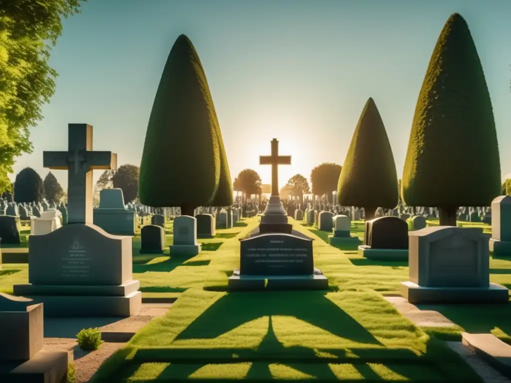 Escena serena en un cementerio Investigación genealógica en cementerios: Escena tranquila en un cementerio, con césped verde y tumbas elegantes
