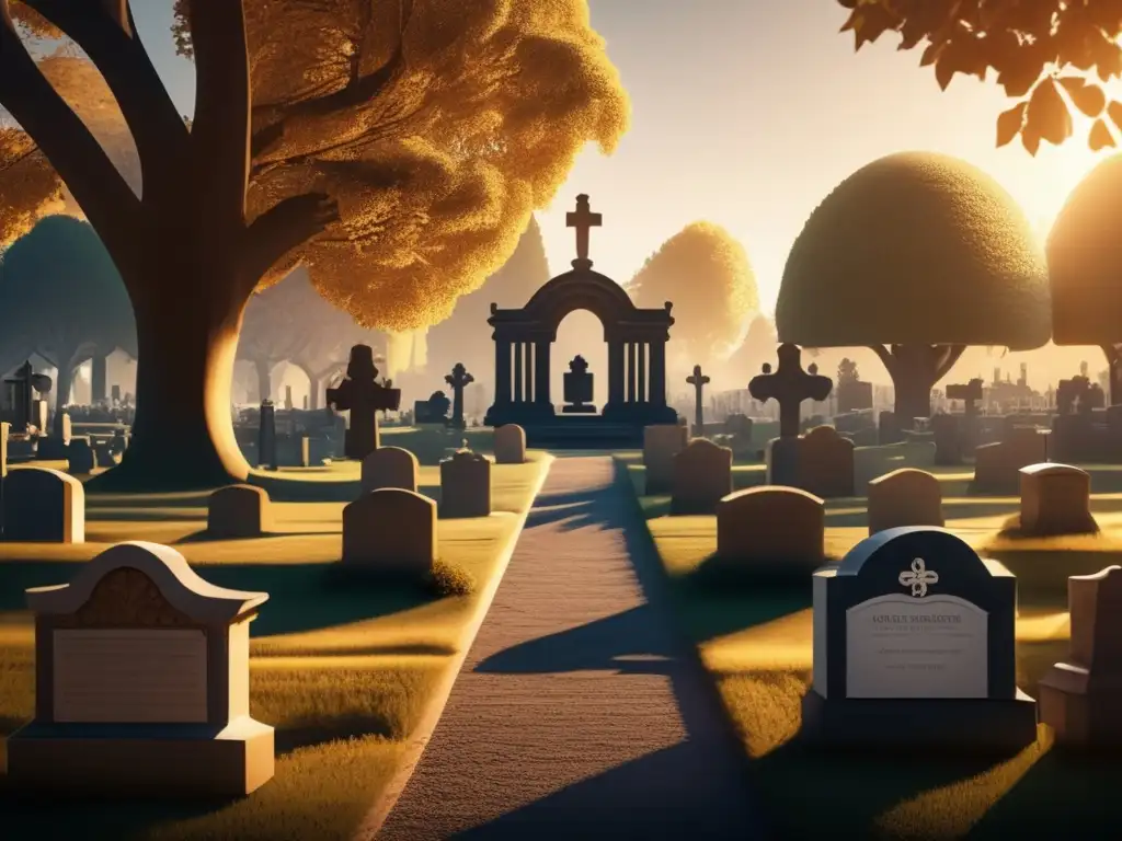 Serenidad en un cementerio histórico Investigación genealógica en cementerios: paisaje sereno con tumbas antiguas, árboles y una iglesia histórica